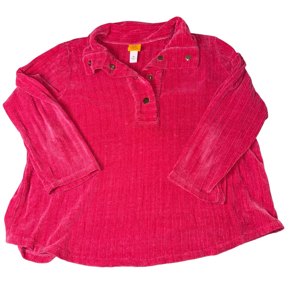 Ruby‎ Rd Woman Pullover Top 2X Pink Ribbed Chenille Henley Snap Button Collar